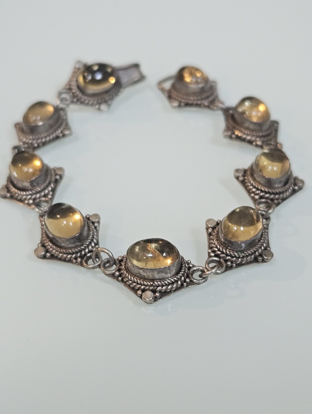 Vintage Natural Citrine Sterling Silver Rope Detail 925 Bracelet 6.25"